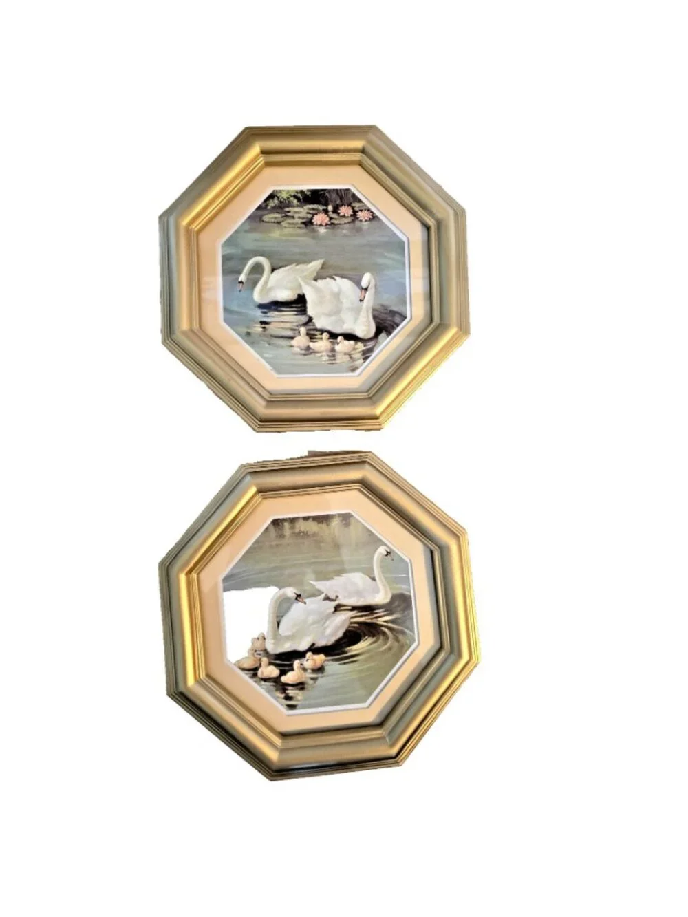 Vintage Swan Wall Art Prints Pair Octagon Gold Frames Cottage Grandmillenial